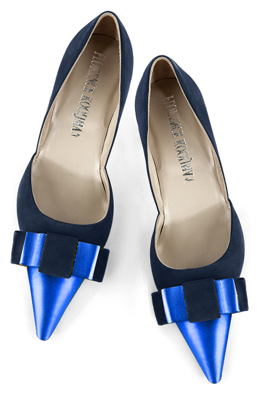 Electric blue women's open arch dress pumps. Pointed toe. Medium slim heel. Top view - Florence KOOIJMAN